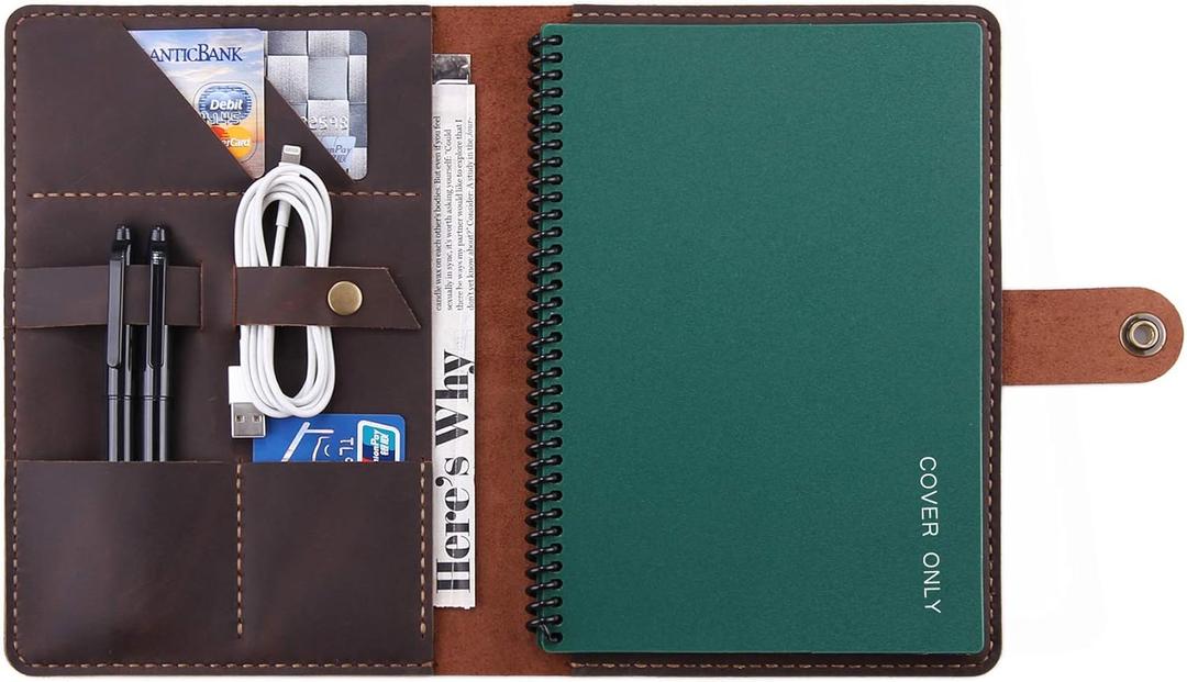 Leather Folio Cover Compatible with Rocketbook Executive Size 6 x 8.8, Handmade Rustic Leather Journal Cover for A5 Notebooks - Coffee