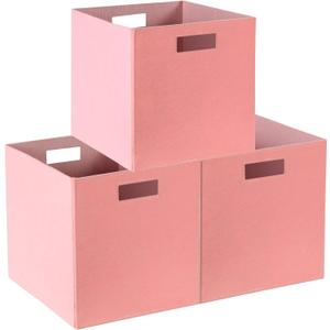 Foldable Cube Storage, 3 Packs, Collapsible Storage Bins with Dual Handles, Felt Storage Baskets for Bedroom, Playroom, Shelves, Nursery Closet Organizers 12 x 12 Inch, Pink
