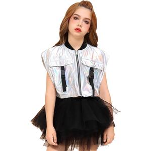 Perfashion Girls Vest Cropped Cargo Metallic Jacket Buckle Zip Up With Pockets Streetwear Outfit 4-13Y (10-11 Years, Laser Silver Vest 01-425)
