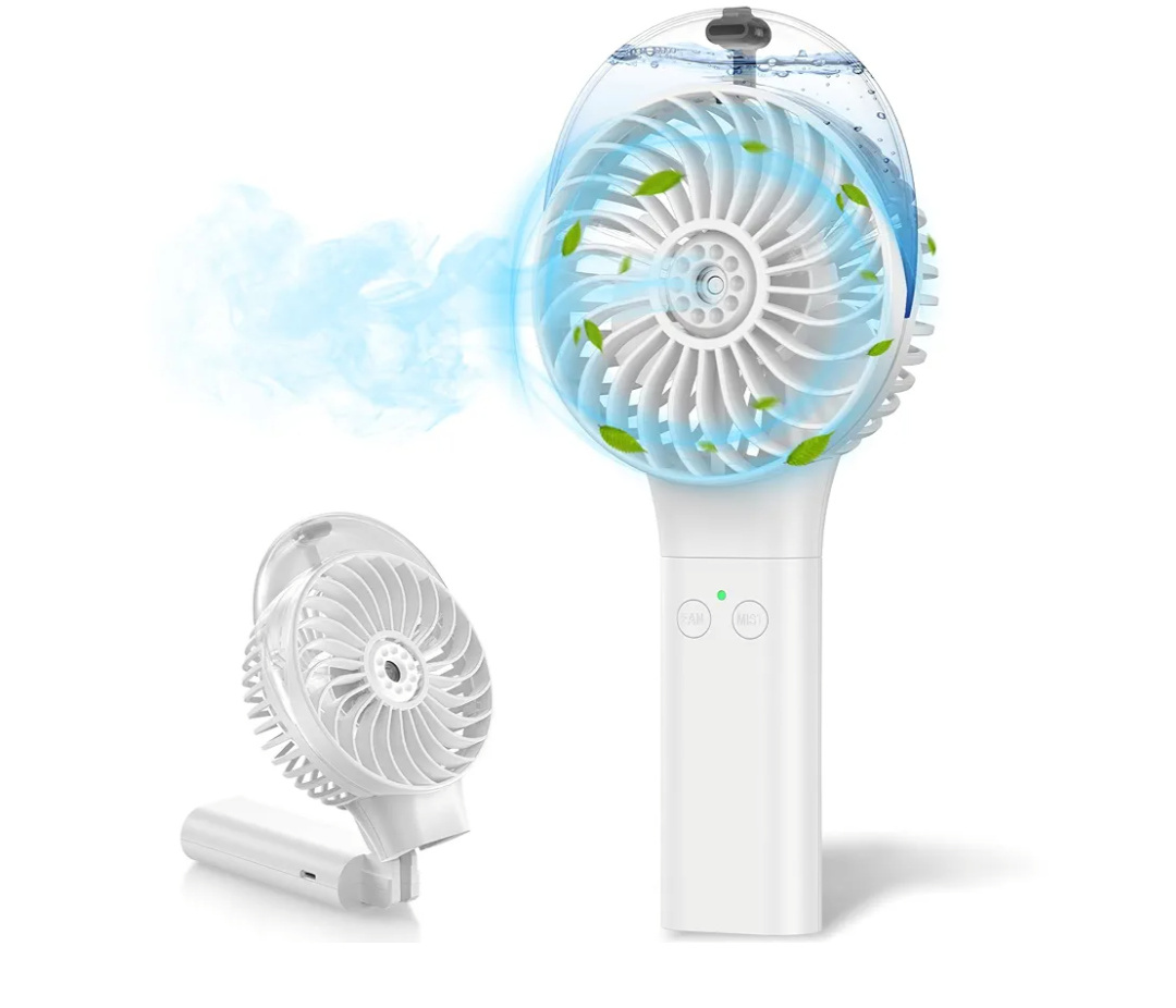 MORECORE Portable Misting Fan, 180° Foldable Handheld Personal Fan with Mist Spray, 3 Adjustable Wind Speeds, USB Rechargeable for Travel Outdoors Makeup Camping Home Office (White)