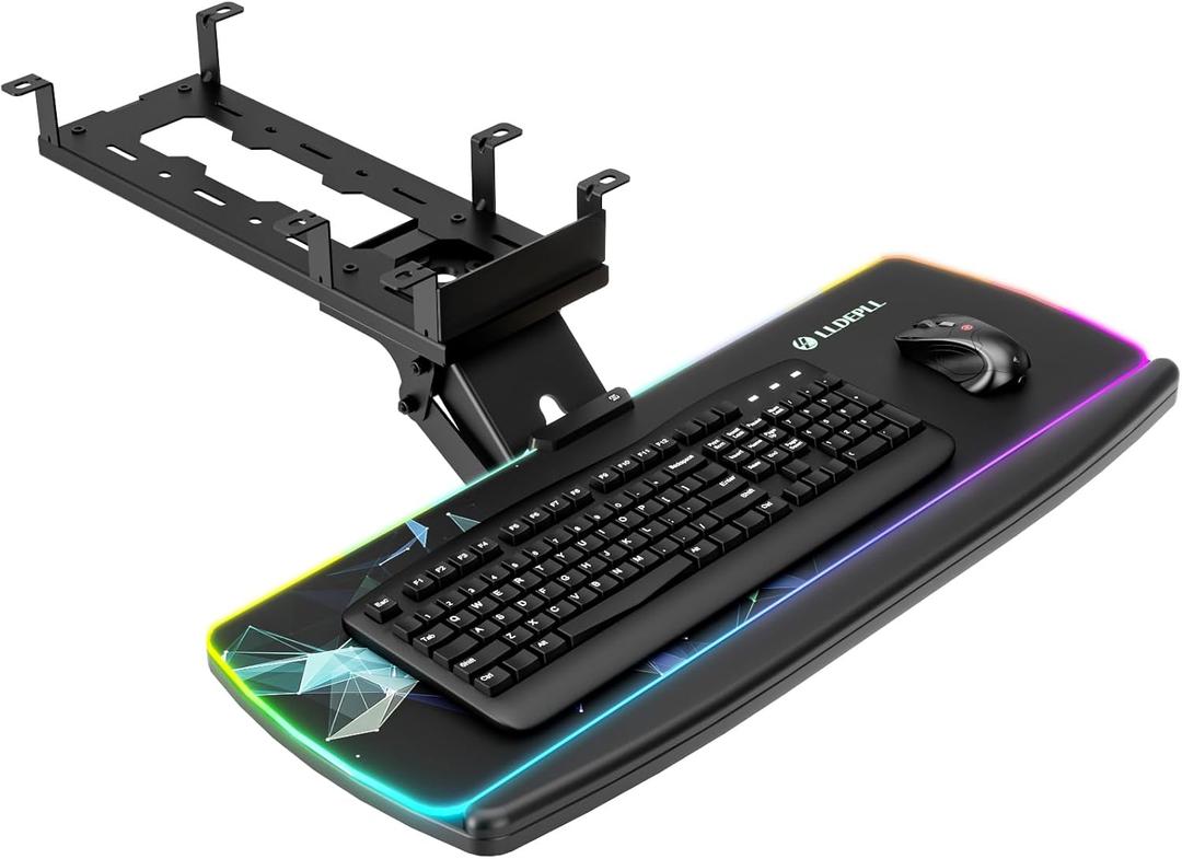 Keyboard Tray Under Desk with Storage Drawer, Height Adjustable Keyboard Tray Slide Out 360 Swivel Tilt, Ergonomic Under Desk Mount Keyboard & Mouse pad Lighting, Black