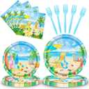 96 Pieces Summer Beach Plates and Napkins Set, Tropical Disposable Tableware with Paper Plates Napkins and Forks for Pool Party Luau Birthday Picnic, Serves 24