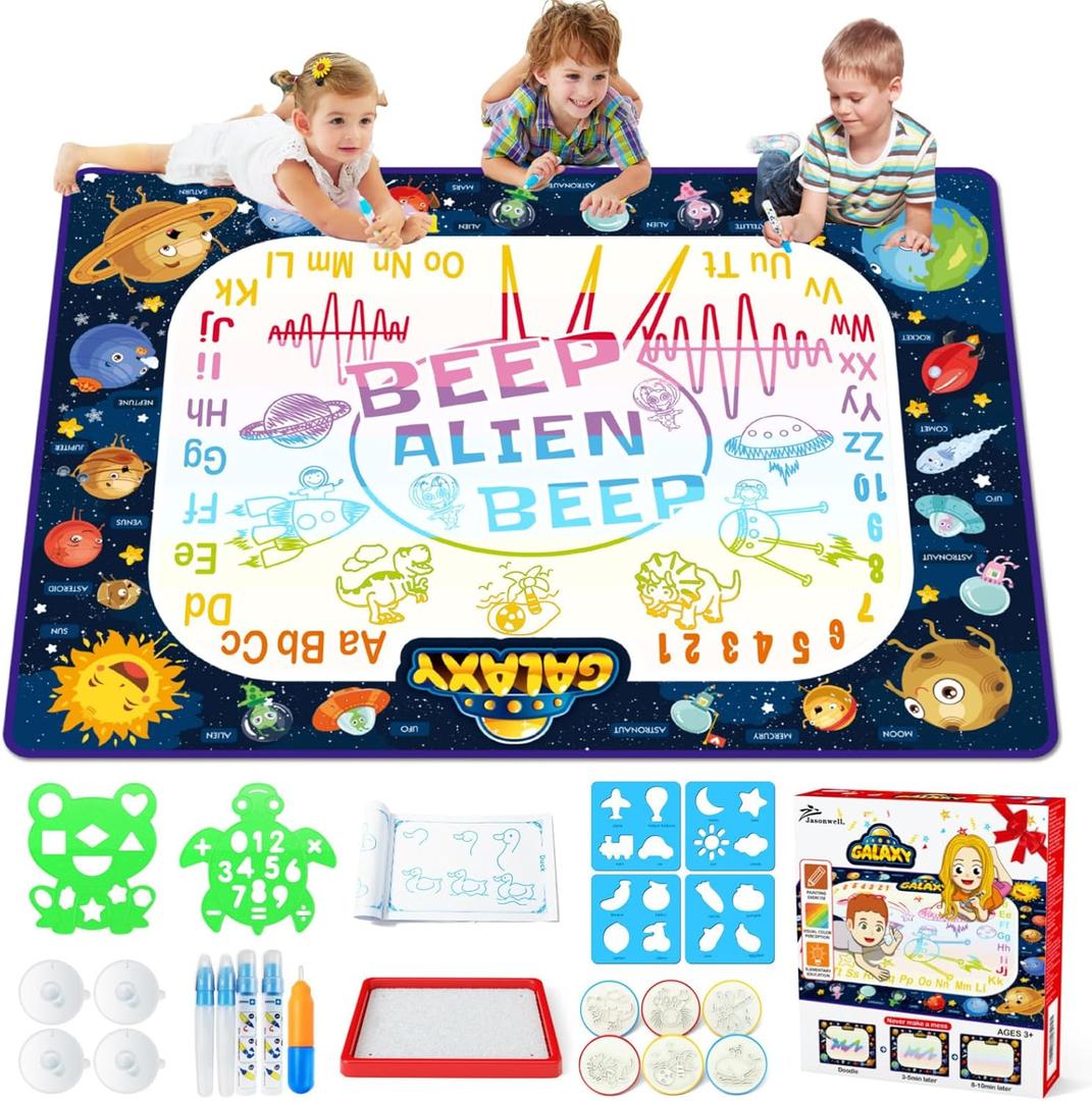 Jasonwell Aqua Water Doodle Mat 48 x 36 Inches Large Magic Drawing Doodling Mat Coloring Mat Educational Toys Christmas Birthday Gifts for Kids Toddler Boys Girls Age 2 3 4 5 6 7 8 Year Old (Galaxy)