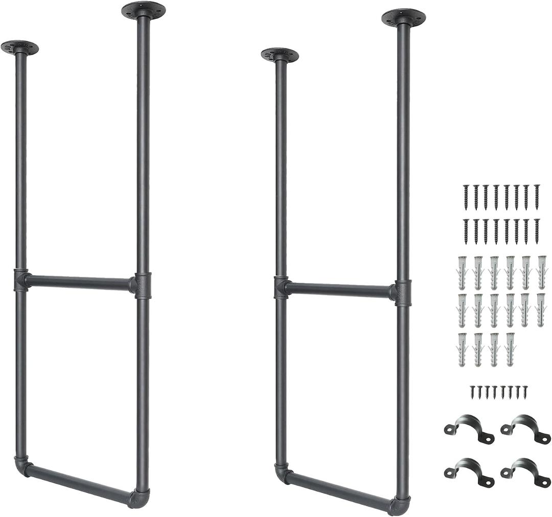 DIYHD 2 Tier Ceiling Mount Black Shelf Bracket,U Shape Pumbing Pipe Kitchen Storage Brackets (No Planks), 37" Bracket-2 Pairs