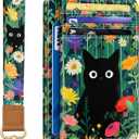 Cat Flower Credit Card Holder Slim Wallet, RFID Wallet Women Front Pocket Wristlet Lanyard, Small Card Holder Travel Funny Cute Thin ID Window PU Leather Case Organizer Gifts Girl