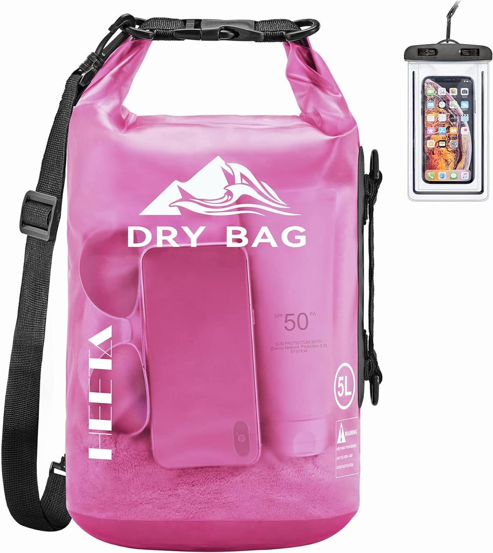 HEETA Dry Bag Waterproof for Women Men, 10L Roll Top Lightweight Dry Storage Bag Backpack with Phone Case for Travel Swimming Boating Kayaking Paddle Board Camping Beach Accessories (Rose Red, 10L)