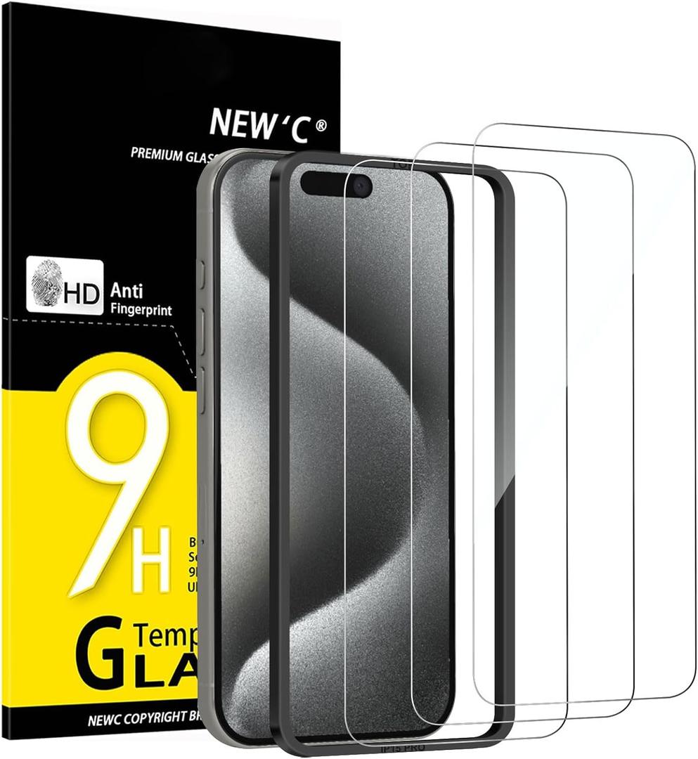 NEW'C 3 Pack Designed for iPhone 15 Pro Screen Protector (6.1 inches), Tempered Glass with easy installation tool included,Case Friendly Ultra Resistant (Transparent)