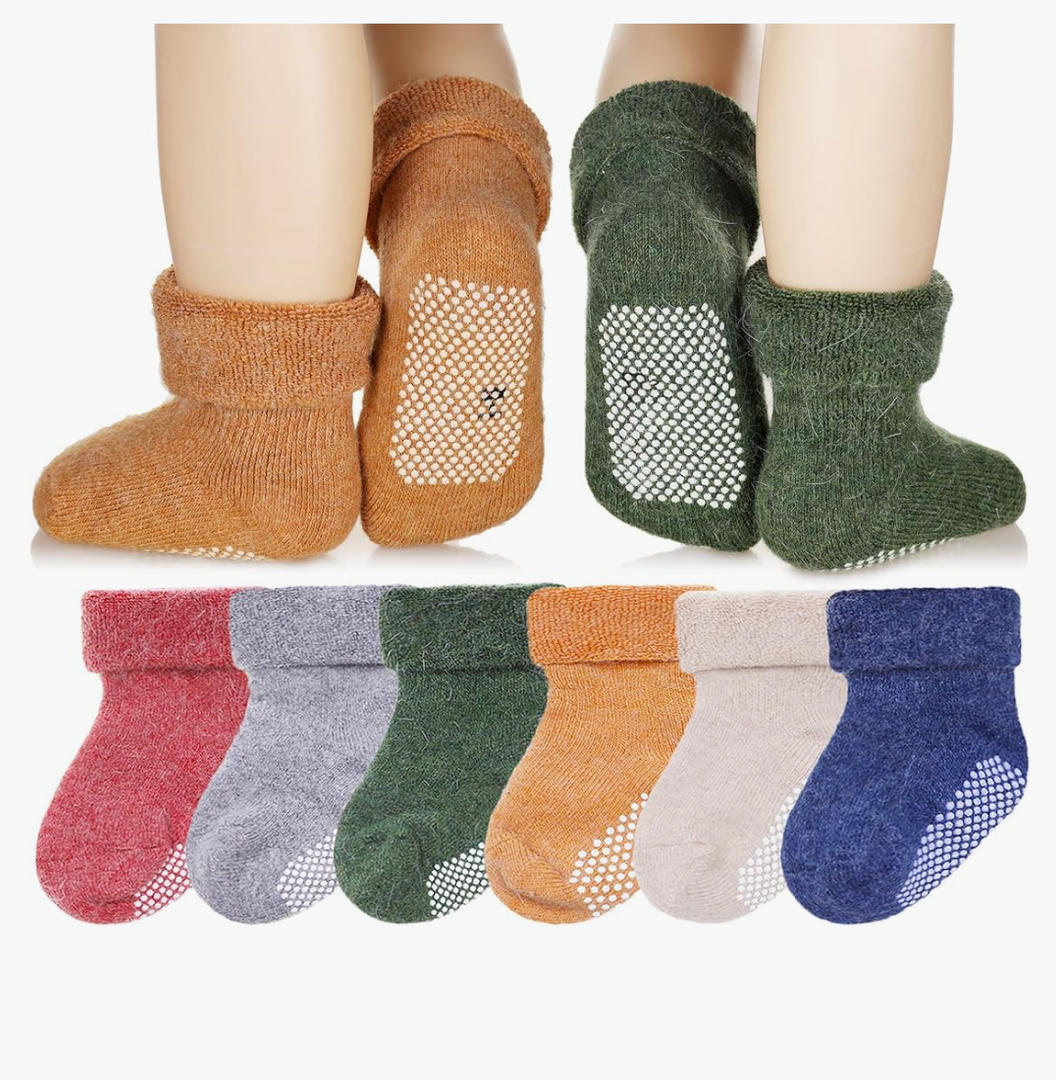 Eyean Baby Wool Grip Sock Soft Winter Warm Thick Non Slip Toddler Boy Girls Crew Socks For Children 6 Pairs 1-3T Solid Color