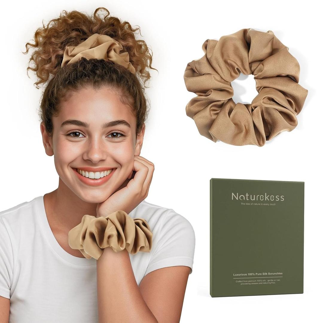 100% Mulberry Silk Scrunchies for Women, Oversized XL Hair Tie for Sleeping, Gentle No Damage Hair Accessory for All Hair Types, Soft Pure Silk Ponytail Holder (Camel)