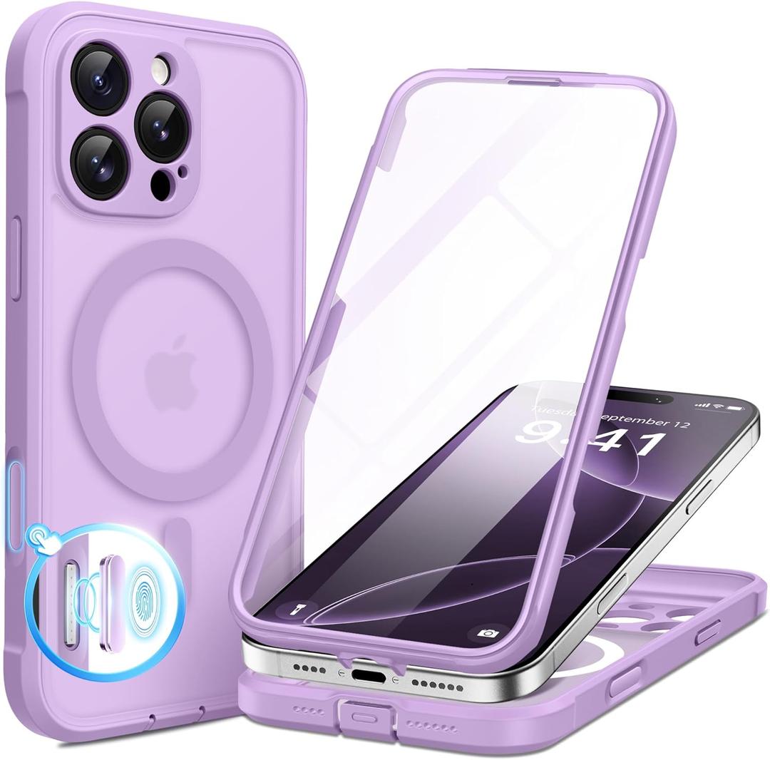 BERFY for iPhone 16 Pro Max Case, Compatible with MagSafe, Built-in 9H Tempered Glass Screen Protector and Camera Protection, Full Body Shockproof Matte Phone case for 16 Pro Max 6.9", Light Purple
