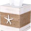 SOMTO Beach Rustic White Wood Square Tissue Box Cover,Farmhouse Bathroom Accessories Starfish Decor Tissue Holder with Slide-Out Bottom Panel