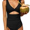 Charmo Womens One Piece Swimsuit Ruched Tummy Control High Cut Backless V Neck Bathing Suits Swimwear (Large, 1a# Black)