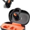 Skullcandy Push Play Active Wireless Earbuds, Bluetooth Headphones, Noise Isolating, 34 Hrs Battery, Secure-Fit Over-Ear Hanger, Sweat Water Resistant, Microphone for iPhone Android - Black/Orange