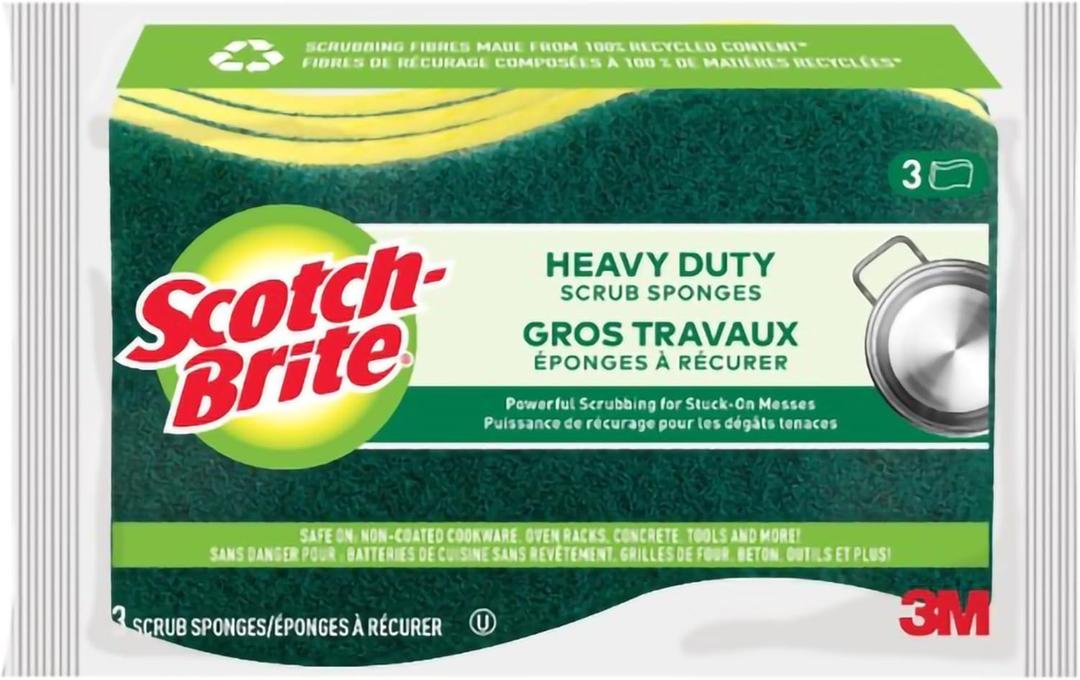 Scotch-Brite MMMHD3 Heavy Duty Scrub Sponge, Yellow & Green, 3 Per Pack