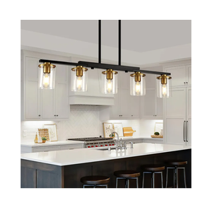 36.2inch 5-Light Kitchen Island Lighting,Dining Room Lights Modern Farmhouse Chandelier with Clear Glass Shade,Modern Rustic Black and Gold Metal Chandelier, Kitchen Pendant Light Fixtures
