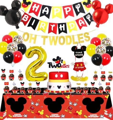 Mickey Mouse 2nd Birthday Party Supplies Oh Twodles Theme Party Decorations Includes Felt Banner,Welcome Hanger Door Sign, Tablecloth,Cake Cupcake Toppers,Mickey Head Balloons, 12 Latex Balloon,