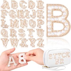 WILLBOND 52 Pieces Self Adhesive Pearl Rhinestone Letter Patches A-Z Glitter Letter Stickers Pearl Alphabet Appliques for Clothes Hat Backpack, Wedding Graduation Mother's Day DIY Crafts(Gold)
