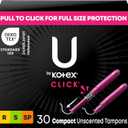 U by Kotex Click Multipack Tampons, Compact, Regular/Super/Super Plus Absorbency, Unscented, 180 Count (6 Packs of 30) (Packaging May Vary)