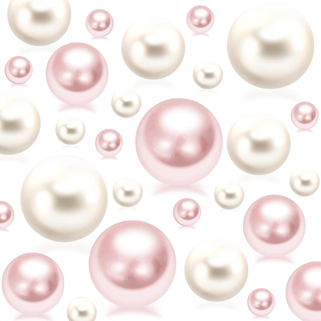 150Pcs Cream&Pink Polished No Hole Pearl Beads for Vase Filling Decorations, Plastic Pearls Vase Fillers, Table Scatters, Wedding Centerpiece, Home Decor, 8/14/20 mm
