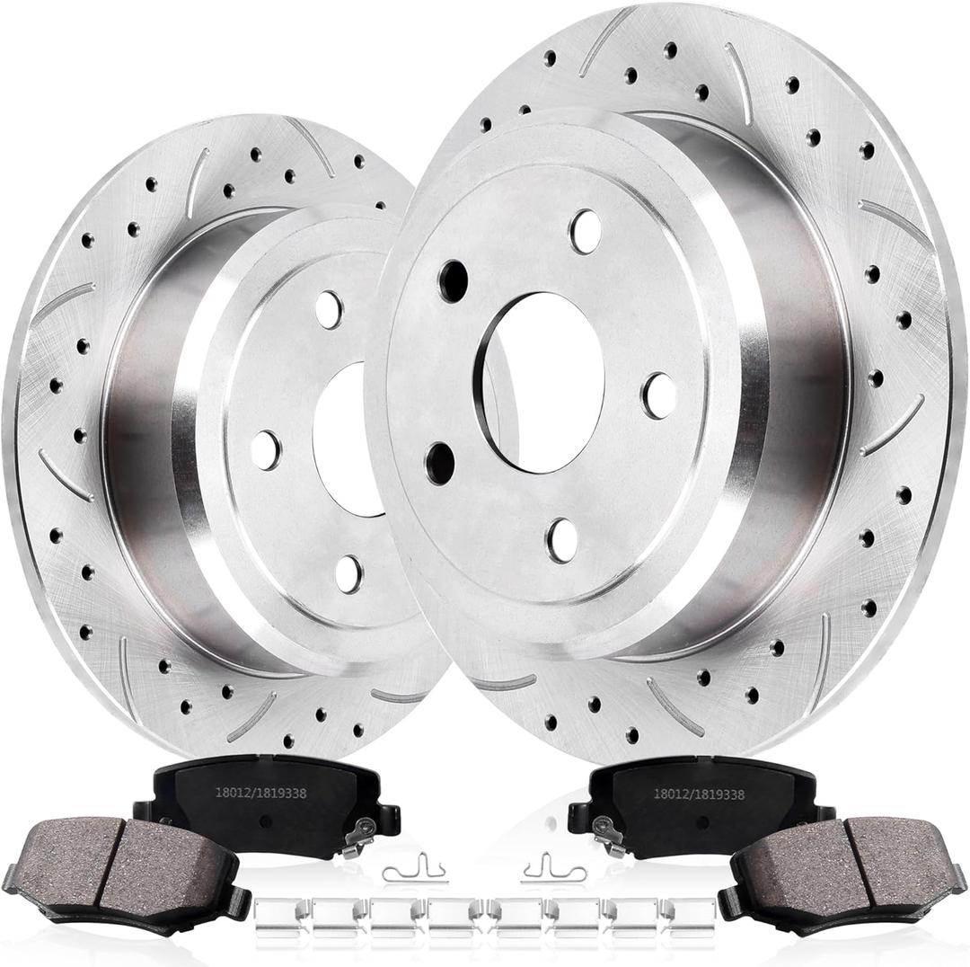 Rear Drilled and Slotted Brake Pads and Rotors Kit Ceramic Automotive Replacement Brake Kits 12.44 Inch Compatible for Jeep Wrangler 2007-2018 (16 Pcs)
