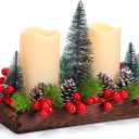 Christmas Centerpiece Arrangement Set Rustic Wood Tray with LED Candles Artificial Christmas Floral Picks and Pine Cones in Wooden Box Tiered Tray Decor with Red Berries Mini Christmas Tree
