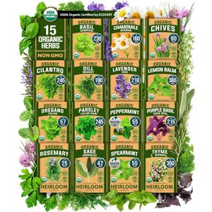 HOME GROWN Certified Organic Herb Seeds 15-Pack Non GMO, Heirloom 2,500+ Non GMO High-Germinating Heirloom Seeds for Planting Indoor Outdoor Herb Garden Hydroponics Garden Seeds, Basil Cilantro & More