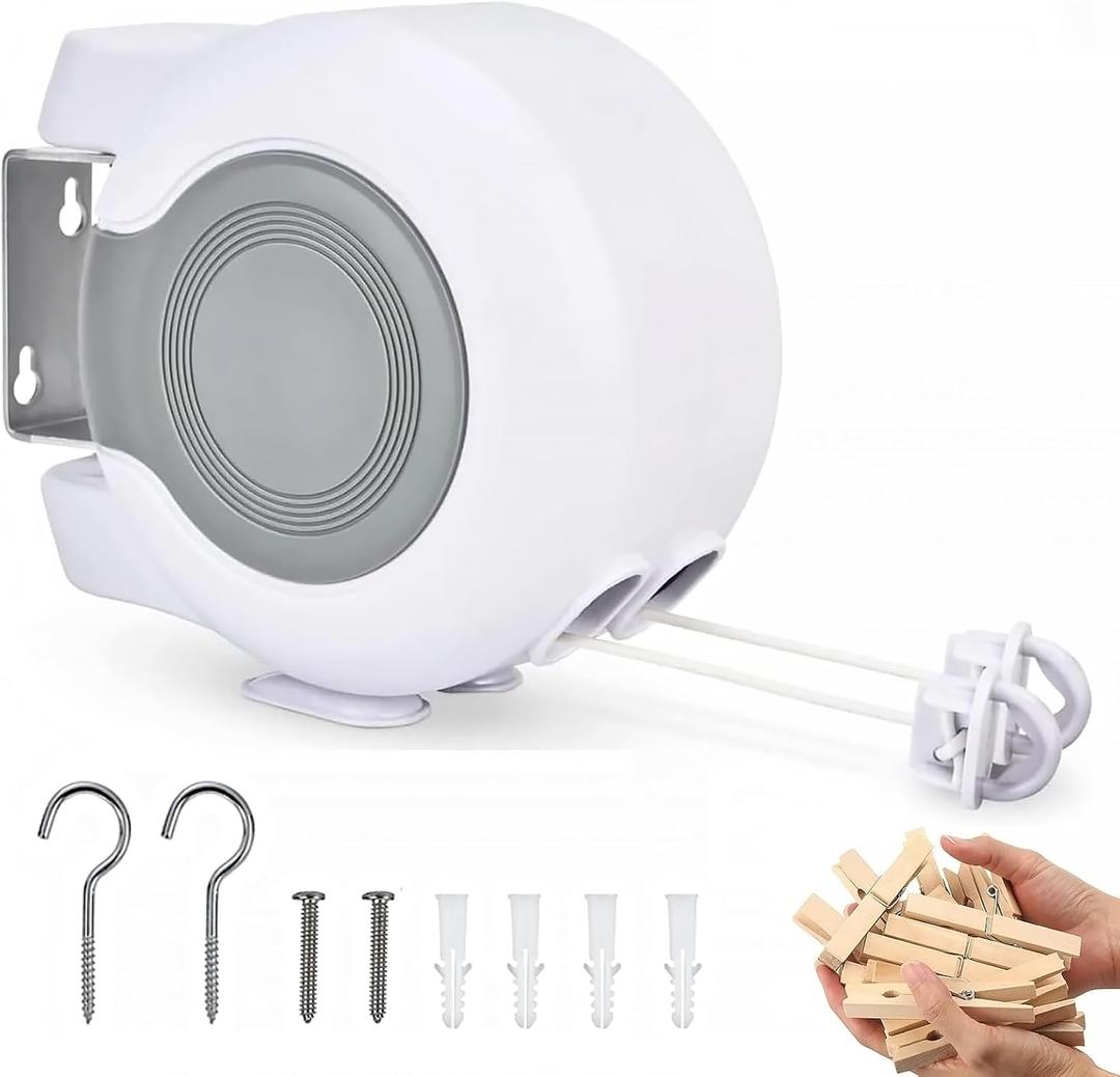 Retractable Clothesline Outdoor - 2x49 Feet Heavy Duty Dual Clotheslines for Outside Laundry Drying, Wall-Mounted & Portable Installation (White)
