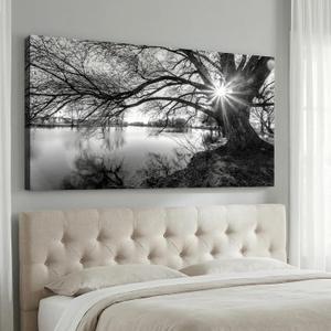 HUADAOART Black and White Tree Lake Landscape Canvas Wall Art Panoramic Nature Picture Sunburst Through Branches 24 x 48 In for Living Room Bedroom 1PCS, 48