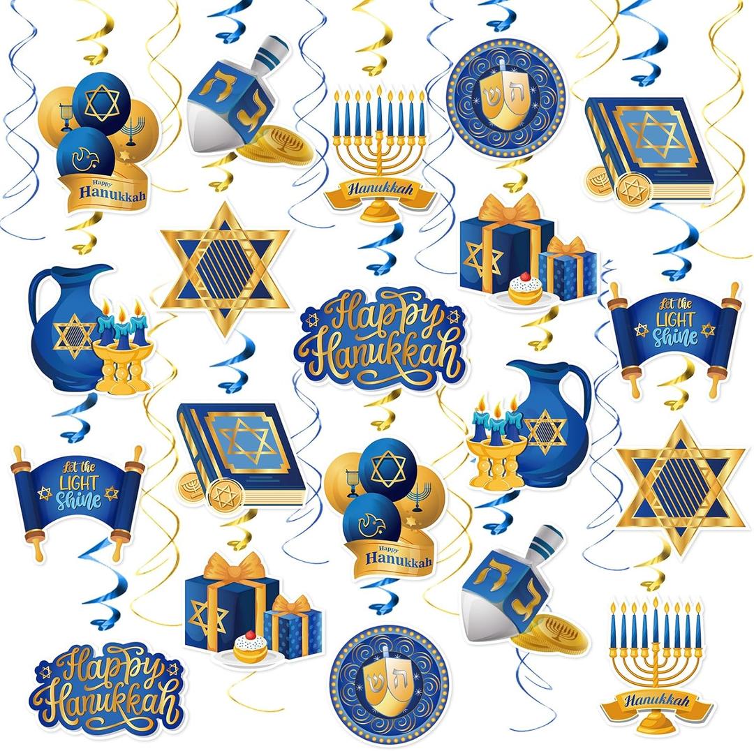 36 Pcs Hanukkah Decorations Hanging Swirls Chanukah Ceiling Swirls Hanukkah Cutouts Foil Hanging Spiral Decorations for Chanukah Party