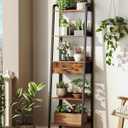 5 Tier Ladder Shelf with Drawer, Tall Ladder Bookshelf, Standing Bookcase with Metal Frame for Living Room, Bathroom, Home Office, Study, Balcony, Rustic Brown and Black TCJ07BF