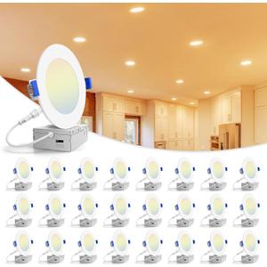 VOLISUN 24 Pack 4 inch Recessed Lighting, 5CCT LED Recessed Light with Junction Box, 2700K-5000K Selectable, 9.5W Eqv 80W, 810LM Dimmable Canless Wafer Downlight, LED Ceiling Light ETL Certificated (White)