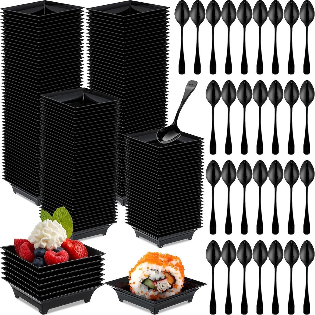 400 Pcs Mini Appetizer Plates with Spoons 2.44" x 2.44" Disposable Mini Dessert Plates Plastic Appetizer Bowls Tiny Serving Trays for Party Birthday, Wedding