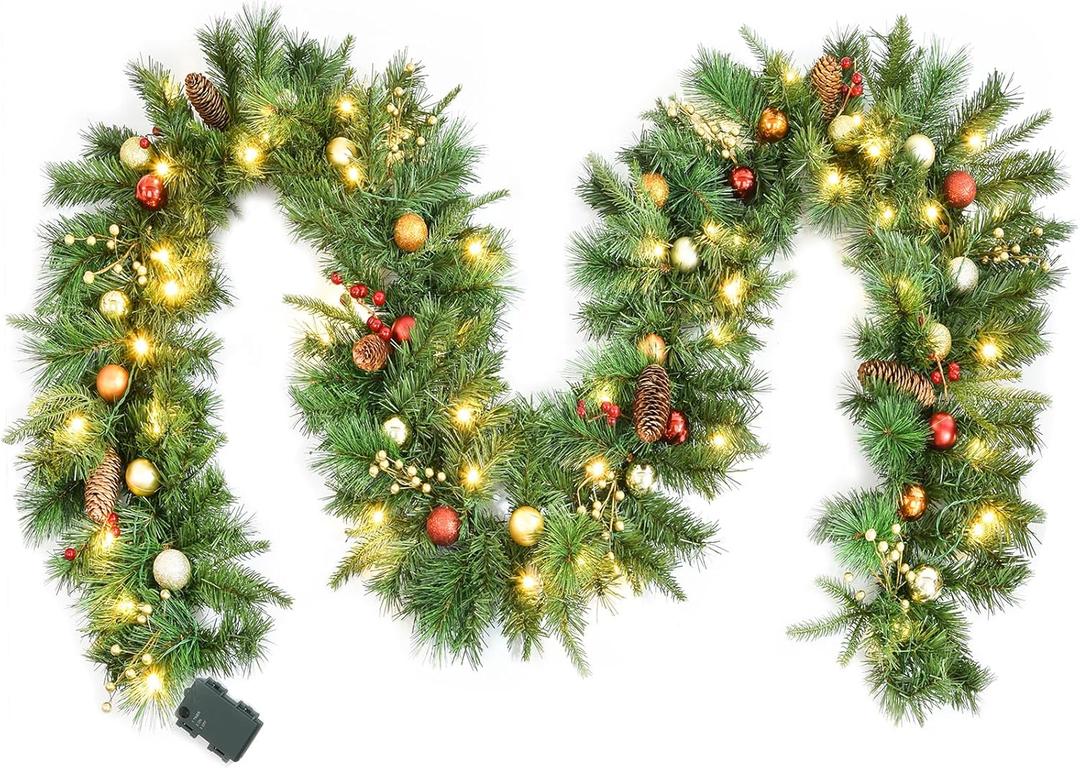 Pre-lit Pine Garland Christmas Decoration Clearance, 9ft Winter Greenery Garland for Holiday Season Mantel Fireplace Table Runner Centerpiece Decor