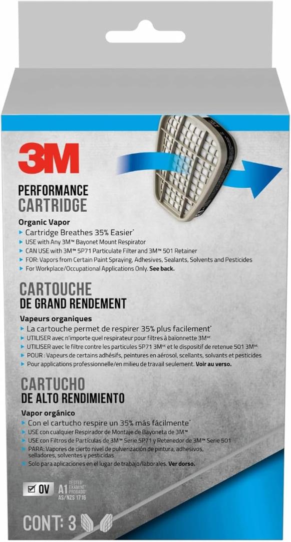 3M Organic Vapor Performance Cartridge, 3 Pairs, For Use With 3M 6000, 6500 & 7500 Series Facepieces, NIOSH-APPROVED OV For Use Against Certain Organic Vapors, Easy-To-Attach Design (6001P3-DC)