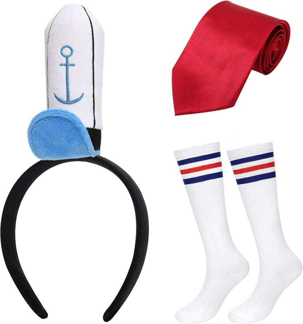 3Pcs Halloween Sailor Costume Set Include Sailor Headband,Tie and Socks Yellow Square Accessories for Men Women Cartoon Party Dress Up