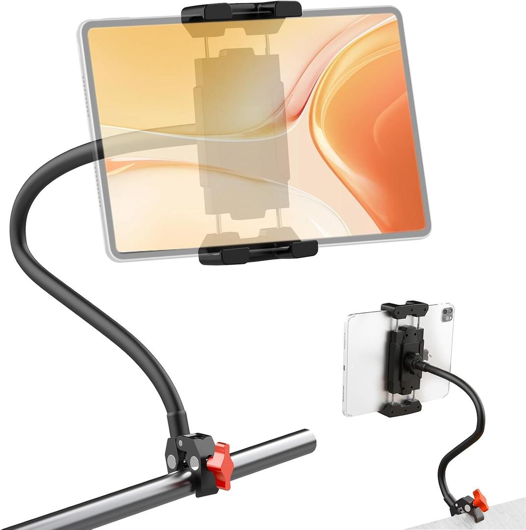 Gooseneck Tablet Holder, 19.69" Metal Crab Clamp iPad/iPhone Mount for Stroller/Treadmill/Golf Cart/Boat/Mic Stand/Gym Bicycle Handlebar Clamp/Desk, Compatible with 4-13" iPad Pro/Air/Mini/E-book