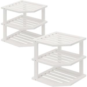 VERTORGAN 3 Tier Bamboo Corner Shelf(2 Pack), Dish Drying Rack, Plate Organizer, Kitchen Spice Rack for Countertop and Cabinet(White)