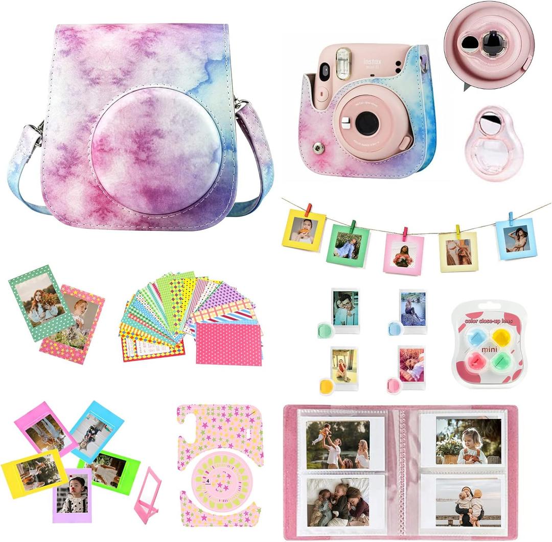 WOGOZAN Mini 11 Accessories for Fujifilm Instax Mini 11 Instant Camera Include Case, Color Filters, Photo Album, 2x3 Frames, Selfie Lens and Stickers (Blue-Pink Watercolor) (No Camera)