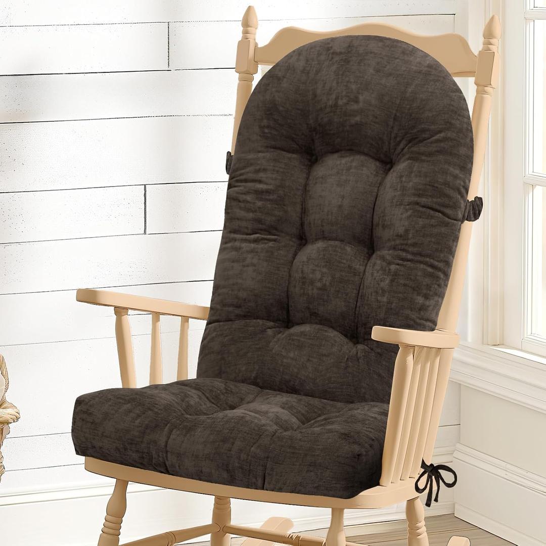 Rocking Chair Cushion - Chenille Fabric, High-Density Sponge, Durable Comfort Double-Sided Tufted Seat Pads with Ties, ChenilleSepia Brown, 44x19x4 inch