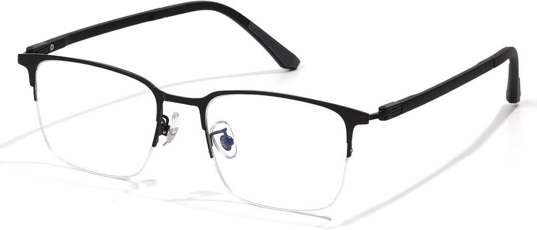 Blue Light Blocking Glasses Men Computer Gaming Glasses Rectangle Metal Semi-rimless Black Frame Anti Glare/UV400 Clear Lens (9529-black)