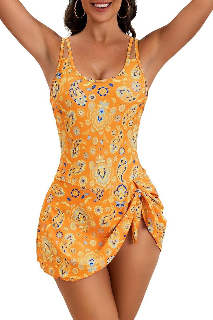 Eomenie One Piece Swimdress Swimsuits for Women Tummy Control Swim Dresses Skirt Bathing Suit (X-Large, Orange, Blue, Printed)