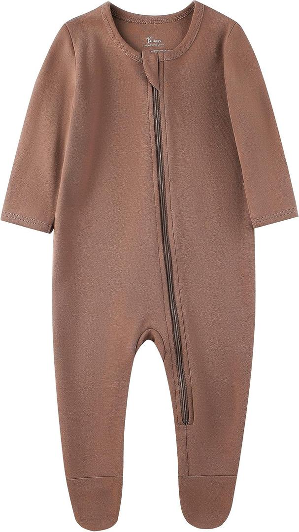 O2 BABY Baby Boys Girls Organic Cotton Zip Front Sleeper Pajamas, Footed Sleep 'n Play（3-6 Months, Brown）