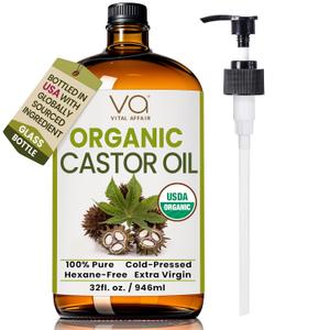 VITAL AFFAIR Pure Organic Castor Oil 32oz – Cold Pressed, Unrefined, USDA Organic – Glass Bottle for Hair Growth, Eyelashes, Eyebrows, Face & Castor Oil Packs