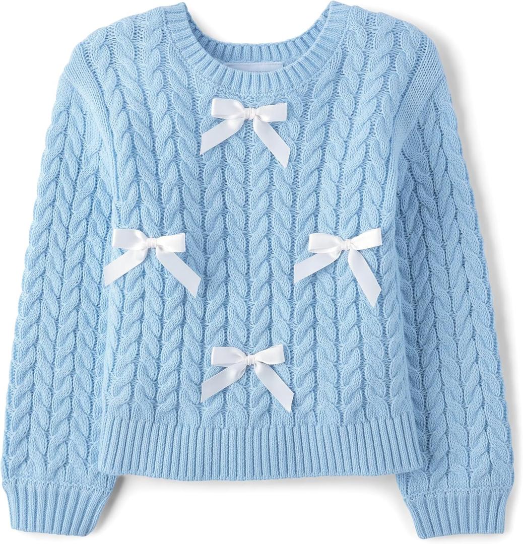 The Children's Place Baby Girls' and Toddler Long Sleeve Crew Neck Pullover Sweater (4T, Party Blue Bows)