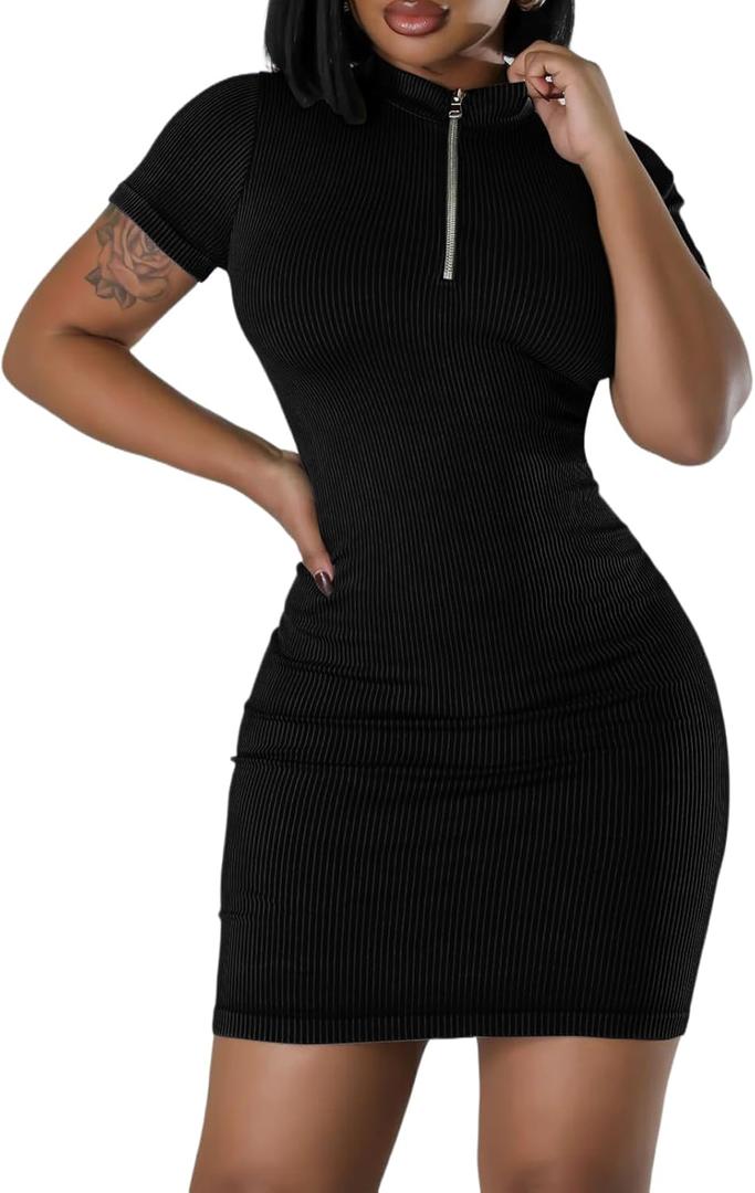 Women Summer Ribbed Bodycon Dress Short Sleeve Zipper Front Casual Mini Dresses (XX-Large, Black)