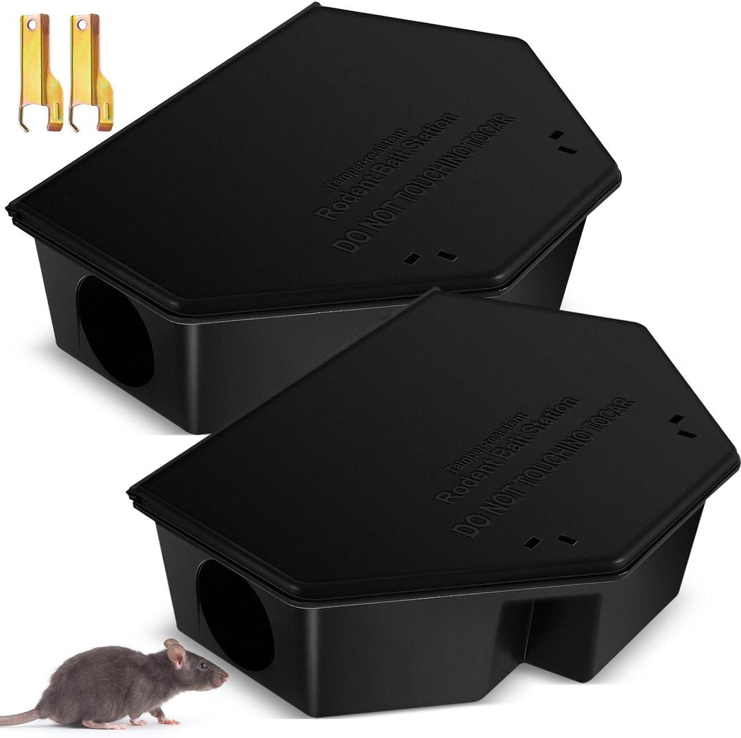 Qualirey 2 Pcs Rat Bait Station with Keys 13.58 x 8.98 x 3.35 Inch Rodent Station Rat Traps, Keeps Children and Pets Safe Indoor and Outdoor, Bait Not Included (Black)