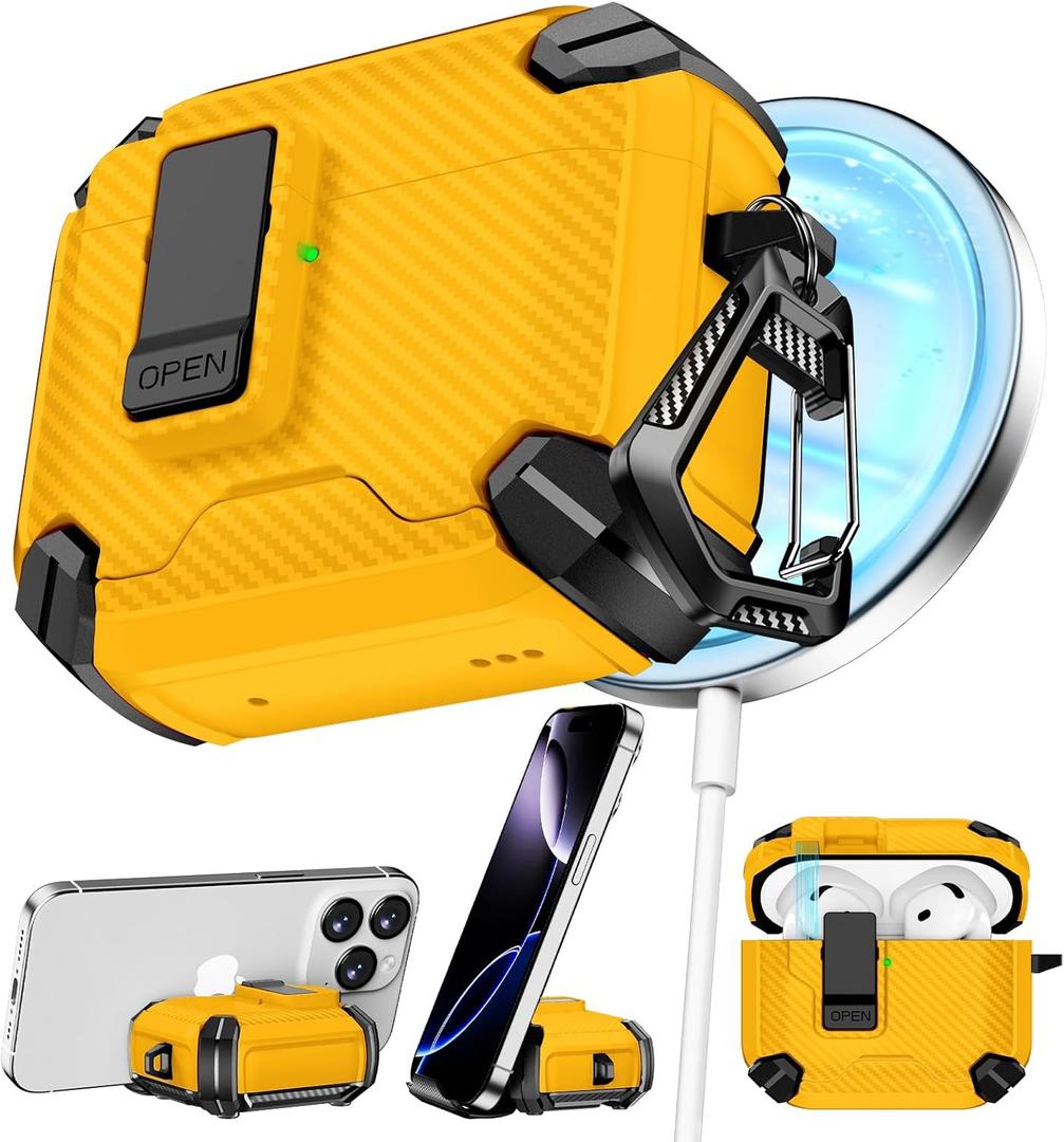 Compatible with AirPods 4 Case, Magnetic Automatic Lock with Phone Stand & Cleaning Kit, Compatible with Magsafe, Carbon Fiber Texture Cover - Yellow