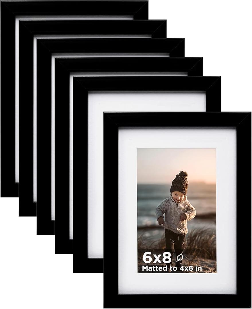 KINLINK 6x8 Picture Frame Black Set of 6, Wooden Photo Frames Matted 4x6 with Plexiglass for 4x6 with Mat or 6x8 without Mat for Table and Wall Display