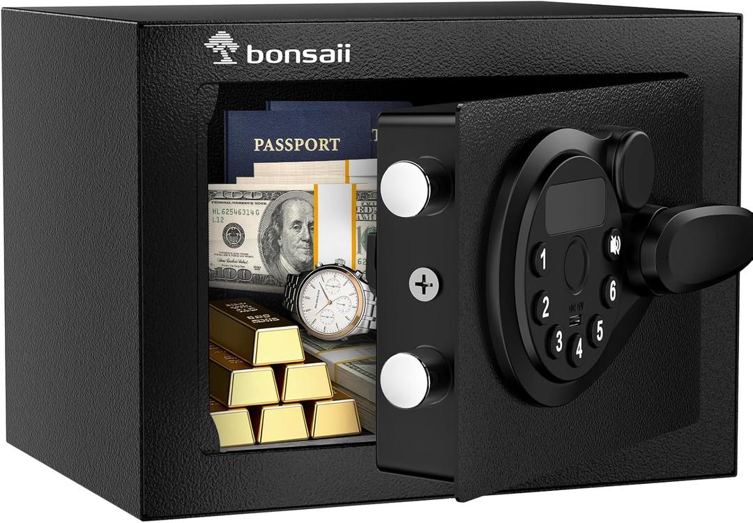 Bonsaii Safe Box with Electronic Keypad, Steel Security Lock Box with Key, 0.23 Cubic Feet, 9.06" W x 6.69" D x 6.69" H, Small Hidden Safe for Cash Jewelry