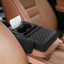5-in-1 Car Armrest Cushion, Multifunctional PVC Leather Center Console Armrest Pillow Elbow, Universal Arm Box Pad Cover with Cup Holder, Phone Slot, Tissue Box Slot & 2 Storage Bags, Black